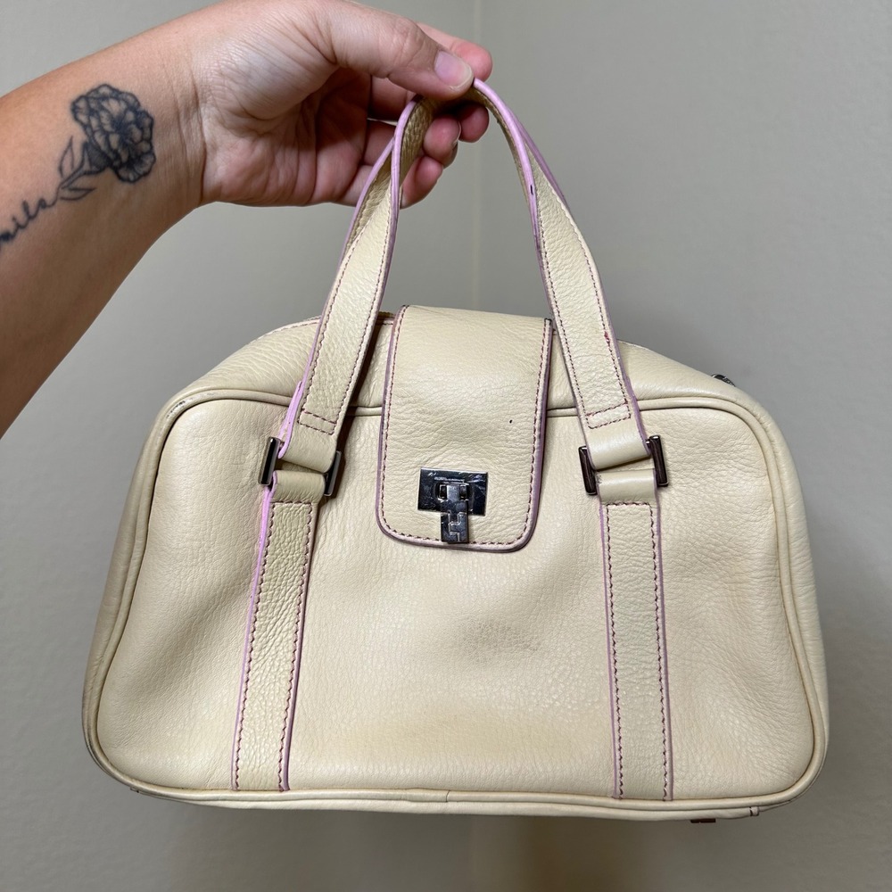 VTG La Mer Lambertson Truex Cream Leather Pink Trim Cosmetic Vanity Bag Case